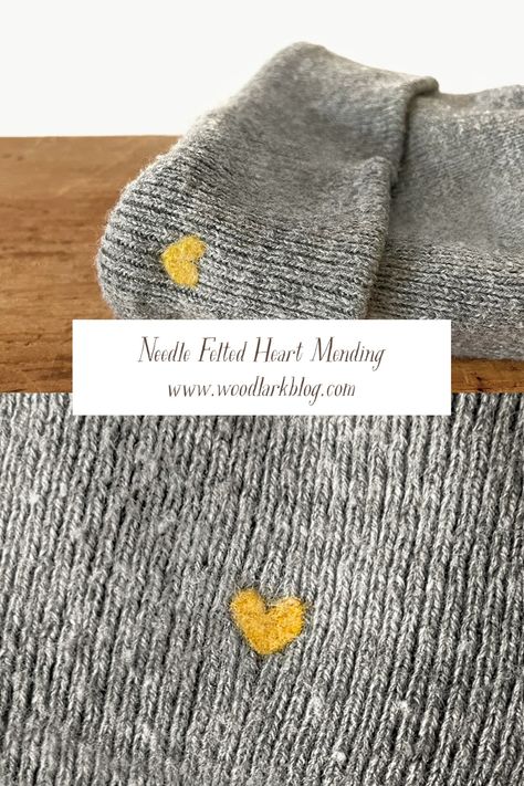 How to Mend a Hole With a Needle Felted Heart Patch - Woodlark Blog Patching Clothes With Embroidery, Heart Mending Design, How To Sew On Patches, Patching Holes In Clothes, Sweater Mending, Mending Holes With Embroidery, How To Mend Hole In Cashmere, Visible Mending Heart, Embroidery Mending