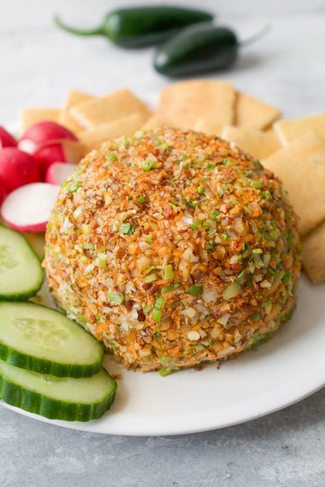 Jalapeno Popper Cheese Ball (Vegan - Paleo) - Every Last Bite Vegan Cheese Ball Recipes, Vegan Jalapeno Popper Dip, Popper Cheese Ball, Vegan Cheese Ball, Cream Cheese Jalapeno Poppers, Vegan Jalapeno Poppers, Cheese Ball Dip, Easy Make Ahead Appetizers, Cream Cheese Ball