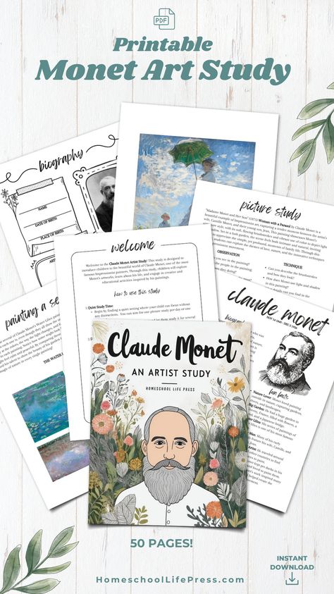 Explore Claude Monet’s world with this 50-page Artist Study. Dive deep into Monet’s life and art with engaging activities and picture studies. Inside, you’ll find 8 picture studies, biography and worksheet, painting a series activity, info sheets, vocabulary, anatomy, and more creative activities for kids!  INSTANT DOWNLOAD! Birth Pictures, Unit Studies Homeschool, Artist Study, Activity Sheets For Kids, Monet Art, Art Lessons For Kids, Unit Studies, Homeschool Life, Creative Activities For Kids