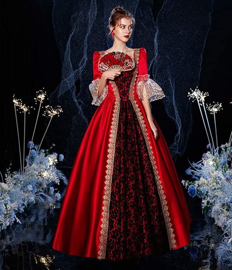 AmazonSmile: 18th Century Dress Red Baroque Dress Long Satin Rococo Party Dresses: Clothing Gothic Rococo, Victorian Dress Costume, Masquerade Party Dresses, Gothic Victorian Dresses, Era Victoria, Baroque Dress, Tudor Dress, Red Ball Gown, 18th Century Dress