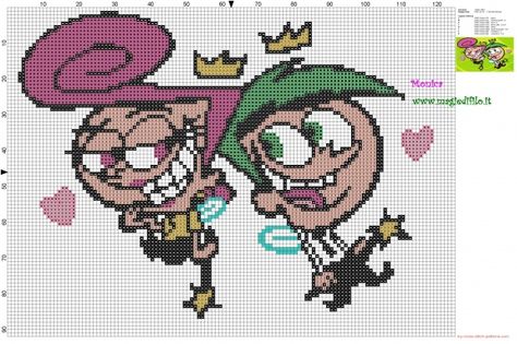 Cosmo and Wanda (The Fairly OddParents) cross stitch pattern Cosmo And Wanda, Fairly Oddparents, Free Cross Stitch Patterns, The Fairly Oddparents, Patterns Simple, Motifs Perler, Cross Stitch For Kids, Hama Beads Patterns, Stitch Cartoon