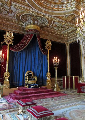 The Throne Room Chateau Fontainebleau Or, as it was previously known, the King's bedchamber. (The emperesses of France had no problem sleeping in Marie Antoinette's bed, but Napoleon couldn't make himself sleep in the king's) Royal Decorations, Royal Throne, Castles Interior, Throne Chair, Throne Room, Chateau France, France Travel, Versailles, Palace