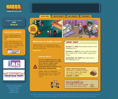 Habbo Hotel website in 2003 Old Website Design, Early 2000s Website Design, Old Web Design, 90s Web Design, Old Web, Retro Hotel, Old Websites, Habbo Hotel, Internet Games