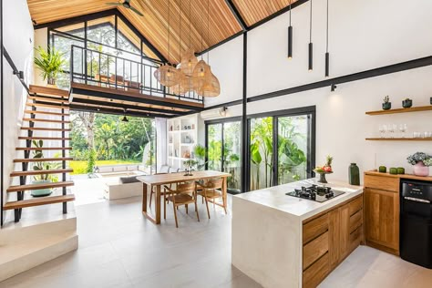 Cepaka House, Bali on Behance Tv Room Design Ideas, Small Tropical House, Open Kitchen And Dining, Bali Architecture, Bali Style Home, Modern Tropical House, Tropical House Design, Small Villa, Plan Villa