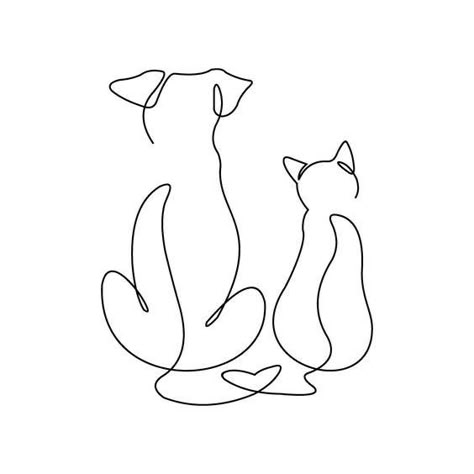 Outline Of Animals, Vinyl Tattoo Ideas, Cat Dog Tattoo, Vinyl Tattoo, One Line Illustration, Cat And Dog Tattoo, Wire Writing, Dog Line Drawing, One Line Drawings