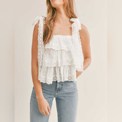 Off White Beautiful Laces Self Ties Top Cute Summer Tops Modest, Pretty Swimsuits, Cute White Tops, Denim Embroidery, Summer Shopping, Cottagecore Outfits, Tiered Tops, Senior Picture Outfits, Senior Photoshoot