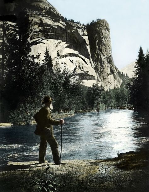 John Muir in Yosemite Valley  Hand-colored by Bennett Hall, California  Some say the damming of Hetch Hetchy killed Muir, who died in 1914, the year construction on the Dam began. Others say the Dam rescued the Valley from an even worse menace of progress: the automobile.    “Dam Hetch Hetchy! As well dam for water tanks the people’s cathedrals and churches, for no holier temple has ever been consecrated by the heart of man!” —John Muir John Muir Quotes Nature, American Wilderness, John Muir Quotes, Norwegian Wood, Nevada Mountains, Script Writing, American Legend, Sequoia National Park, Yosemite Valley