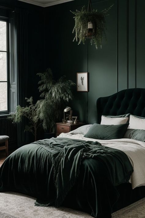 Elevate Your Home with a Dark Green Moody Bedroom Interior Transform your space into a serene sanctuary with deep, rich hues that evoke a sense of intimacy. Embrace the soothing ambiance as dim lighting complements the velvety greens, creating a cocoon-like haven. Unite plush textures like velvet and faux fur for an opulent touch, fostering a cozy escape from the world. Accentuate with metallic elements for a touch of glamour, and punctuate the space with natural accents to maintain balance. Green Moody Bedroom, Dark Green Moody Bedroom, Green Room Ideas Bedroom, 2024 Interior Design Trends, Emerald Green Bedrooms, Dark Green Rooms, 2024 Interior Design, Green Bedroom Design, Green Bedroom Decor