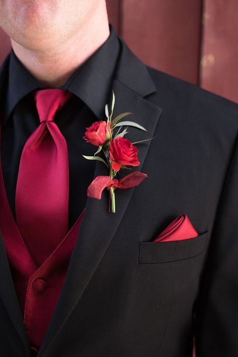 Red And Black Classy Wedding, All Black With Red Tie, Red Wedding Tux Grooms, Crimson Red And Navy Blue Wedding, Prom Suits For Men Unique Red, Groomsmen Tux Ideas, Red Prom Men, Black And Red Suit For Men, Black And Red Tuxedo