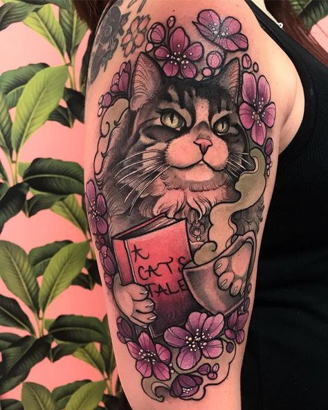 Cat Hip Tattoo, Cat Book Tattoo, Traditional Cat Tattoo, Cat And Flowers, 10 Tattoo, Flowers Black And White, Memories Ideas, Watercolor Tattoo Flower, Cat Work