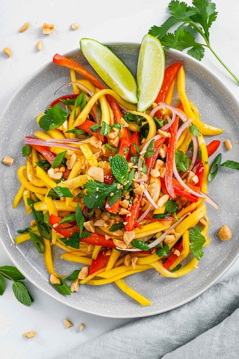 Thai Inspired Mango Salad In The Sun • Tasty Thrifty Timely Mint Salad Recipes, Mango Salad Dressing, Thai Mango Salad, Vietnamese Salad, Green Mango Salad, Zesty Salad, Thai Mango, Green Papaya Salad, Chili Mango