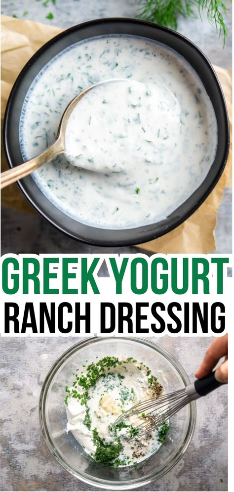 top image: spoon lifts a scoop of Greek yogurt Ranch from small black serving bowl. bottom image: ingredients for greek yogurt ranch dressing are whisked in glass bowl. title text: Greek Yogurt Ranch Dressing Heart Healthy Dressing Recipes, Plain Yogurt Salad Dressing Recipes, Homemade Ranch Dip With Greek Yogurt, Homemade Ranch With Greek Yogurt, Ranch Made With Greek Yogurt, Healthy Simple Salad Dressing, Homemade Ranch Dressing With Yogurt, Salad Dressing Recipes With Greek Yogurt, Clean Eating Salad Dressing Recipes