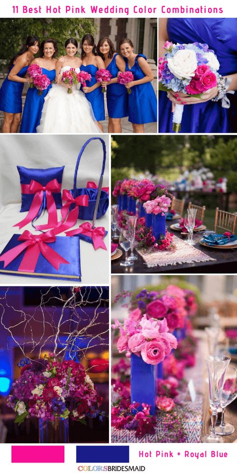 11 Best Hot Pink Wedding Color Combinations Ideas -No.9 Hot Pink and Royal Blue #colsbm #bridesmaids #weddings #weddingideas #pinkwedding b438 Blue And Hot Pink Wedding, Pink And Blue Wedding Decorations, Wedding Ideas Royal Blue, Cobalt Blue And Pink, Color Combination For Wedding, Blue And Fuschia Wedding, Pink And Blue Theme, Royal Blue And Fuschia Wedding, Royal Blue Wedding Colors