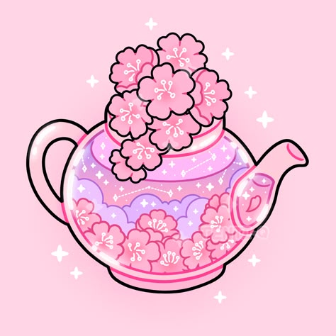 #cherry #blossom #sakura #tea #pot #drink #cute #kawaii #pink #purple #flowers #soft #glass #aesthetic #sparkles #stars #digitalart #digitalartist #art #drawing #illustration #sticker Tea Pot Art Drawing, Cherry Blossom Aesthetic Drawing, Kawaii Flowers Drawing, Tea Stickers Aesthetic, Sakura Blossoms Aesthetic, Pink Drawing Aesthetic, Sakura Flower Icon, Drawing Pink Aesthetic, Sakura Flower Drawing