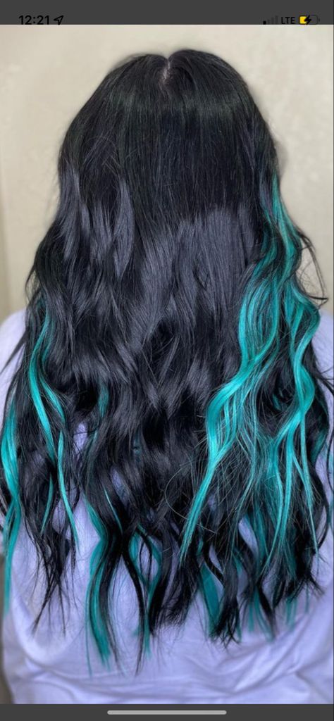 Black Hair With Turquoise Underneath, Black Hair With Teal Peekaboos, Black Hair With Teal Underneath, Black And Aqua Hair, Black Hair With Teal Highlights, Orange And Teal Hair, Turquoise And Black Hair, Black And Turquoise Hair, Blue Chunky Highlights