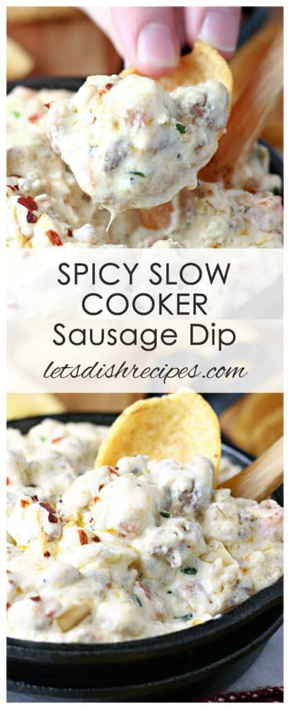 Slow Cooker Spicy Sausage Dip Recipe: Two kinds of cheese, spicy sausage, fresh tomatoes, green chilies and sour cream come together in this hot dip, perfect for game day! #gameday #appetizer #dip Sausage Dip Crockpot, Spicy Sausage Dip Crockpot, Sausage Jalapeno Popper Dip, Hot Sausage Cheese Dip, Spicy Sausage Queso Dip, Jalepeno Popper Dip Slow Cooker, Spicy Sausage Dip, Packer Party, Dip Sauces