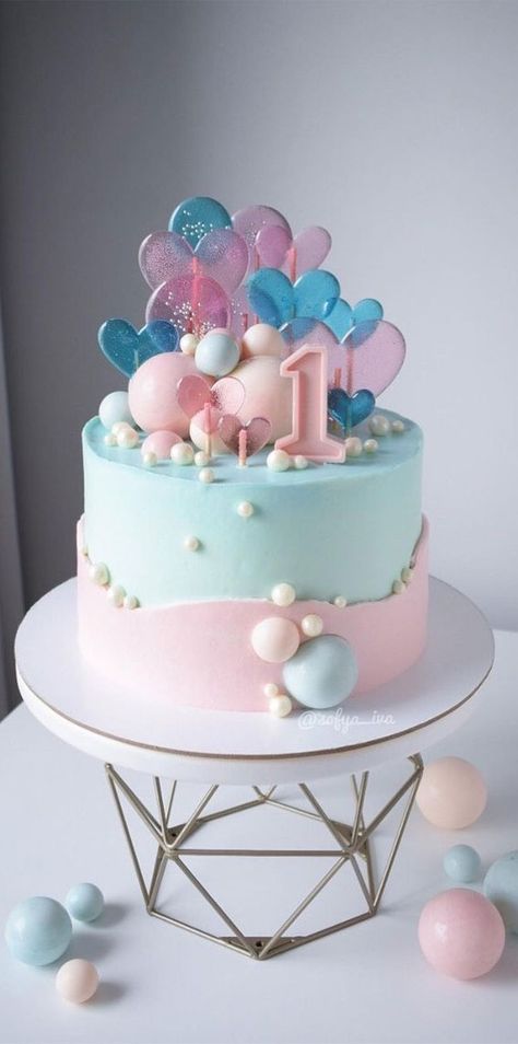 First Birthday Girl Themes Cake, Pink And Blue Birthday Party Decorations, Blue And Pink Cake Design, Baby Blue Cake Birthday, Pink And Blue Birthday Cake, Pink And Blue Birthday Party, Pastel Blue Cake, Pink First Birthday Cake, 1st Birthday Cake Girl