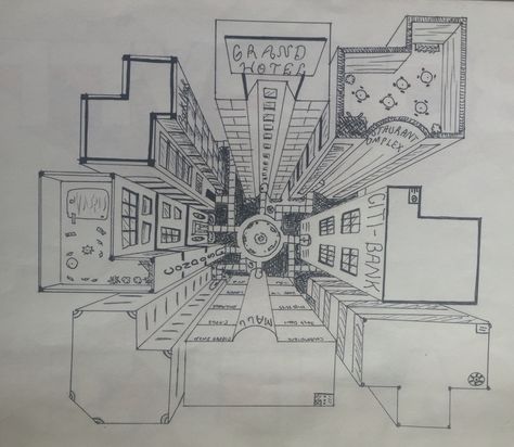 Cityscape Birds Eye View, City Birds Eye View Drawing, Birds Eye View City Drawing, Birds Eye View Drawing Perspective Anime, Bird View Perspective Drawing, Bird Perspective Drawing, Birds Eye View Building, Bird Eye View Drawing, Birds Eye View Drawing Perspective