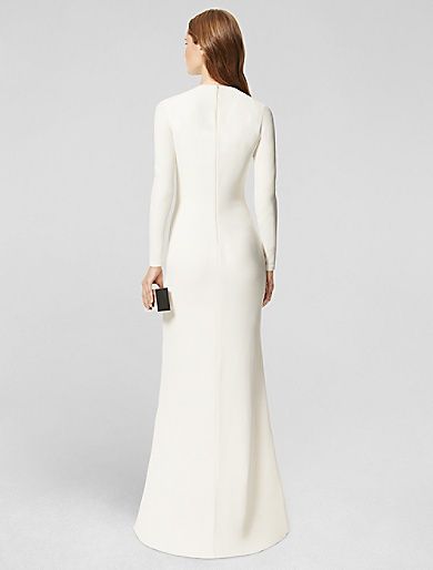 crepe long sleeve crew neck gown | Calvin Klein Sophisticated Style, White Formal Dress, Home Furnishings, High Neck Dress, Calvin Klein, White Dress, Fragrance, Crew Neck, Formal Dresses