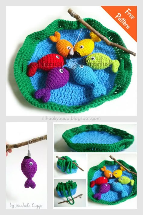 Crochet Toy Set Patterns, Fishing Crochet Pattern Free, Crochet Patterns That Work Up Fast, Crochet Playset Free Pattern, Crochet Fishing Game, Free Crochet Baby Toys Patterns, Crochet Play Sets Free Pattern, Crochet Toy Set, Crochet Play Sets