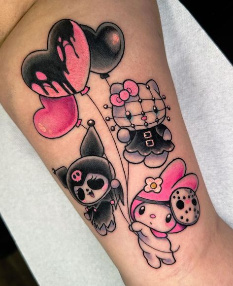 Scary Sanrio, Sticker Tattoo, Pink Tattoo, Hello Kitty Tattoos, Tattoo Trend, Clever Tattoos, Tattoos For Women Half Sleeve, Kawaii Tattoo, Tattoos For Black Skin