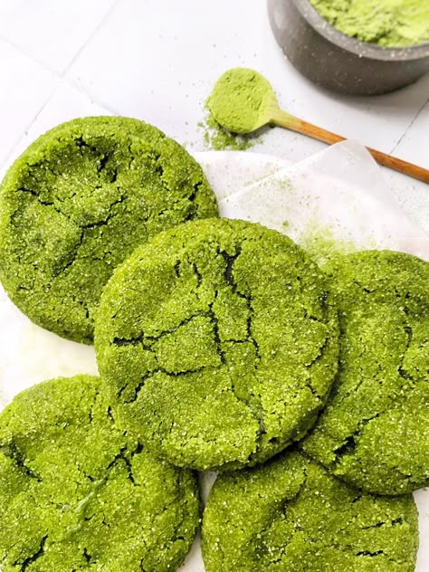 Matcha Sugar Cookies, Matcha Cookies Recipe, Matcha Desserts, Matcha Dessert, Matcha Cookies, Chewy Cookies, Matcha Recipe, Cookie Dough Balls, Green Food Coloring