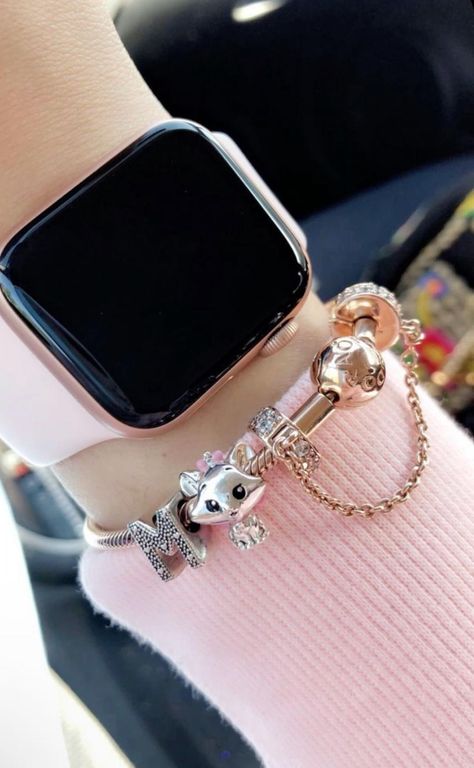 Apple Watches Aesthetic, Cute Apple Watch Aesthetic, Apple Watch 2023, Pandora Charm Bracelet Disney, Apple Watch Pink Band, Pandora Bracelet And Apple Watch, Apple Watch And Bracelets Aesthetic, Apple Watch Pandora Bracelet, Pandora And Apple Watch