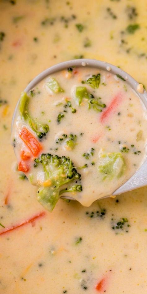 This loaded broccoli cheddar soup comes together so quickly. Broccoli florets with carrots, onion and celery in a rich creamy broth loaded with cheese. #valentinascorner #broccoli #broccolisoup #soup #souprecipe #dinner #comfort Brocolli Cheddar Soup Recipes Crockpot, Carrots Onions Celery Recipes, Brocc Cheddar Soup, Brocil Cheddar Soup, Broccoli Cheese Soup Mcallister, Healthy Brocolli Cheddar Soup, Beef Cabbage Soup, Broccoli Cheddar Soup Recipe, Creamy Tomato Basil Soup