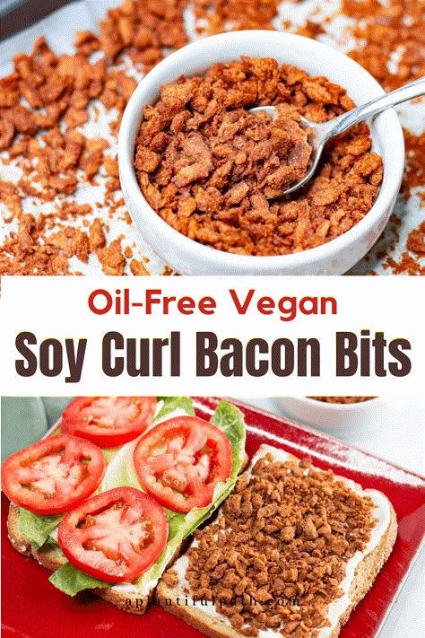 These Vegan Bacon Bits are simply irresistible! They're smoky, salty, crunchy, and great sprinkled on baked potatoes, salads, other veggies, soups, and more! Soy Curl Bacon, Bacon Bits Recipes, Soy Curl Recipes, Vegan Bacon Recipe, Vegan Proteins, Soy Curls Recipes, Vegan Bacon Bits, Vegan Meat Recipe, Vegan Meat Substitutes