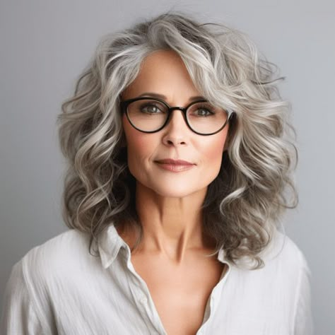 Grey Hair And Glasses, Hair And Glasses, Grey Hair Inspiration, Layered Haircuts For Medium Hair, Layered Hairstyles, Haircuts For Medium Hair, Shoulder Length Hair, Hairstyles For Women, Elegant Hairstyles