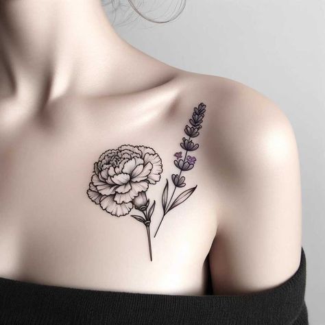 Carnation And Lavender Tattoo, Lavender Tattoos, Flower Symbolism, Carnation Tattoo, January Birth Flowers, Lavender Tattoo, Flowers Lavender, The Language Of Flowers, Inner Harmony