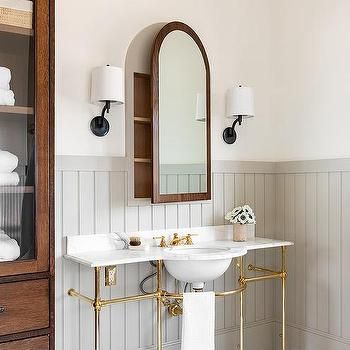 Inset Medicine Cabinet, Hidden Medicine Cabinet, White Clawfoot Tub, W Design Collective, Antique Medicine Cabinet, Visual Comfort Lighting, Traditional Mirror, Antique Brass Frame, White Shiplap Wall