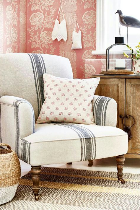 Great Ticking Strip chair! See our couch Ticking Stripe Chair, Stripe Chair, Prairie Chic, Period Living, Striped Chair, Neutral Fabric, Decorating Bathroom, Fabric Chair, For Home