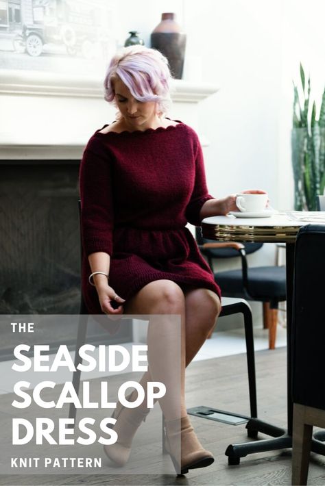 Knitatude knits. Knit patterns for the beginner garment newbie. Seaside Scallop knit dress, knit dress, knit fit and flare dress, scallop stitch Scallop Dress Pattern, Scallop Stitch, Sweater Dress Pattern, Fall Knits, Scallop Dress, Designer Knitting Patterns, Dress Knitting, Knit Dress Pattern, Knitted Patterns