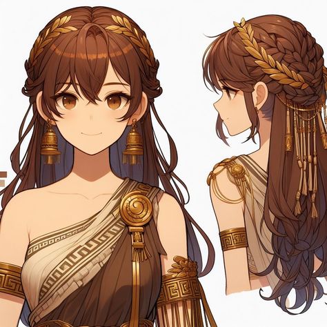 Age Reference Drawing, Anime Greek Goddess, Ancient Greek Character Design, Anime Goddess Oc, Goddess Drawing Reference, Anime Priestess, Greek Character Design, Oc Ideas Character Design Inspiration, Greek Character