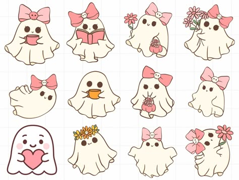 Cute Halloween Drawings Ideas, Halloween Cute Art, Cute Halloween Clip Art, Ghost Drawing Cute, Cute Halloween Drawings Easy, Cute Ghost Design, Animal Ghost Drawing, Kawaii Halloween Art, Halloween Clipart Free Cute