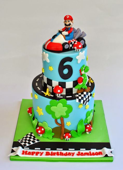 Mario Cart Cakes, Mario Kart Cake, Luau Cake, Mario Birthday Cake, Mario Bros Cake, Disney Themed Cakes, Super Mario Cake, Super Mario Bros Birthday Party, Mario Cake