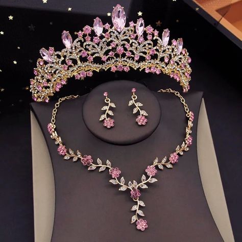 Quince Accessories, Quince Jewelry, Quince Crown, Purple Jewelry Set, Dream Quinceanera, Tiara Set, Pink Gold Necklace, Quinceanera Jewelry, Quinceanera Pink