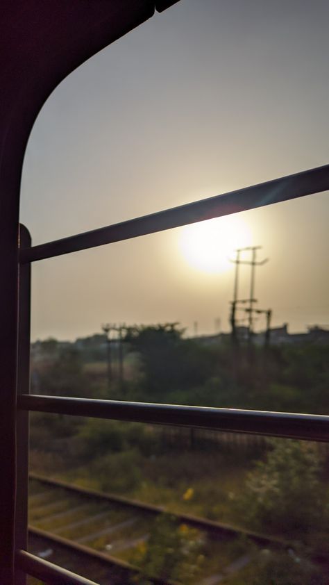 Sunrise aesthetic pictures Indian Train Window View, Train Pics Aesthetic, Train Images Indian, Train Snap Video, Indian Train Travel Photography, Travel By Train Aesthetic, Train Window View Video, Train View Window, Indian Train Photography