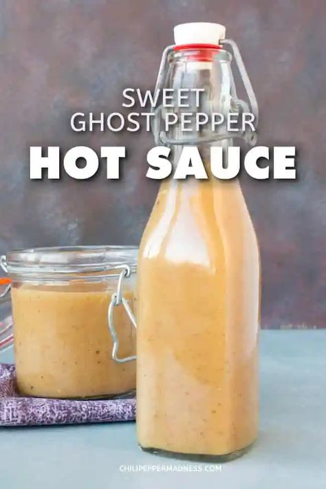 Sweet Ghost Pepper-Pineapple-Pear Hot Sauce - Make your own sweet and VERY spicy hot sauce at home with this recipe, which includes flaming ghost pepper chiles, sweet pineapple, pear, honey and seasonings. Ideal for pork, duck, or chicken. | ChiliPepperMadness.com #HotSauce #Pineapple #Pear #GhostPepper #SpicyFood Ghost Pepper Sauce, Ghost Pepper Hot Sauce, Pear Honey, Diatomaceous Earth Food Grade, Ghost Pepper, Hot Sauce Recipes, Ghost Peppers, Hot Pepper Sauce, Healthy Meal Delivery Service