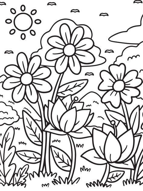 Fun coloring page for kids and adults Colouring Pages For Adults Easy, Simple Coloring Pages For Adults, Flower Coloring Sheets, Printable Flower Coloring Pages, Garden Coloring, Garden Coloring Pages, Kid Coloring Page, Dissociation, Easy Coloring Pages