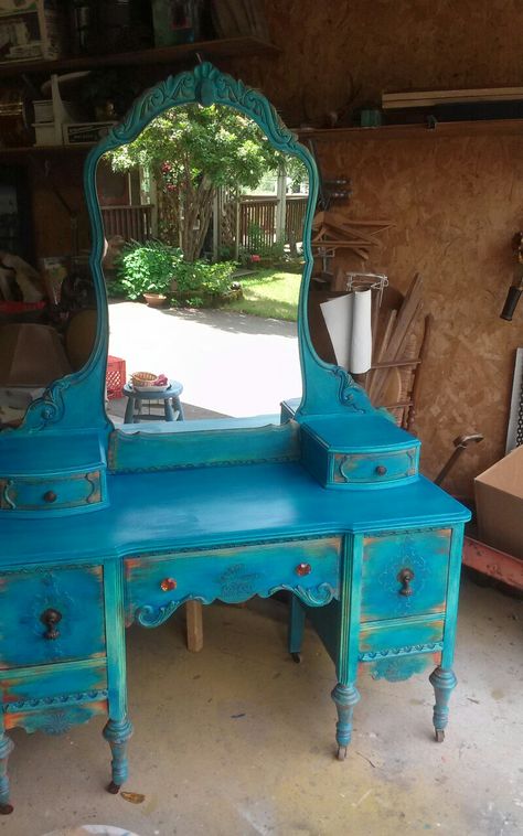 Upcycled. The mermaids vanity in the color of the deep blue sea. Teal Bathroom, Mermaid Bedroom, Wooden Dresser, Diy Furniture Renovation, Bedroom Vanity, Funky Furniture, Chalk Paint Furniture, Art Deco Furniture, Refurbished Furniture