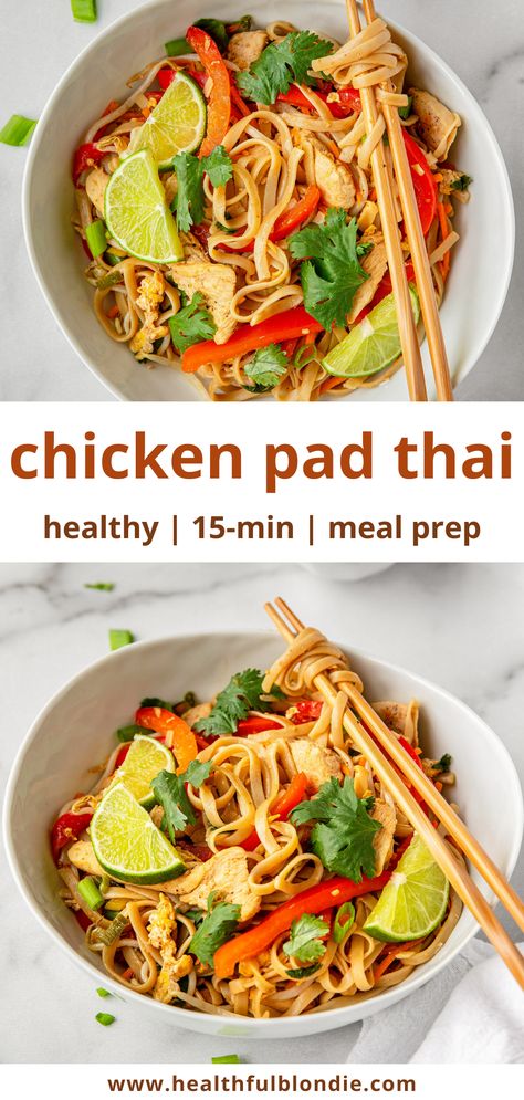 The best 15-minute healthy chicken pad thai recipe made in one pan with simple ingredients like brown rice noodles, eggs, red bell pepper, and crushed peanuts. This insanely flavorful and light pad thai recipe is the ideal lunch, dinner, and meal prep. Everyone will love this better-than-take-out meal! #HealthyPadThai #ChickenPadThai #EasyDinner #15minutedinner #HealthyRecipe Healthy Chicken Pad Thai Recipe, Healthy Chicken Pad Thai, Chicken Pad Thai Recipe, Healthy Pad Thai, Brown Rice Noodles, Vegan Pad Thai, Chicken Pad Thai, Pad Thai Sauce, Pad Thai Noodles