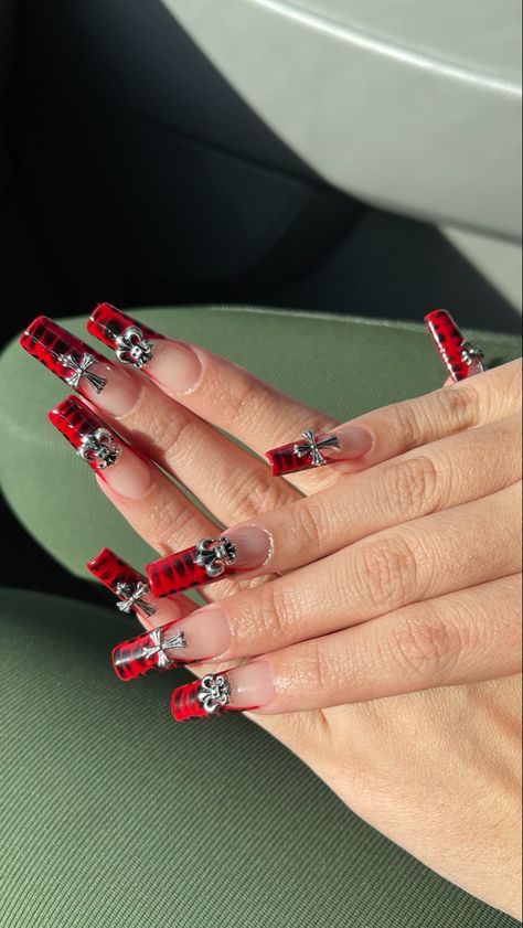 Y2k Aesthetic Nails Red, Red Chrome Heart Nails, Red Y2k Nails, Westwood Nails, Chrome Hearts Nails, Idol Nails, Nails Charms, Mani Nails, Red Acrylic Nails