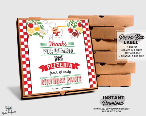 Pizza Box Printable Label | Pizzeria Birthday Party | Italian Birthday Party | Chef Birthday Party | Pizza Party Favors | Party Decor by TPCPartyware on Etsy Pizza Box Printable, Italian Birthday Party, Chef Birthday Party, Pizza Party Favors, Pizza Party Decorations, Kids Baking Party, Pizza Birthday Party, Italian Birthday, Pizza Party Birthday