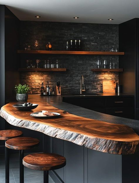 Live Edge Wet Bar, Natural Wood Countertops Live Edge, Live Edge Bar Shelves, Black And Wood Bar, Kitchen Island Upgrade, 2025 Kitchen, White Kitchen Ideas Modern, Stairs Room Ideas, Home Decor Stairs