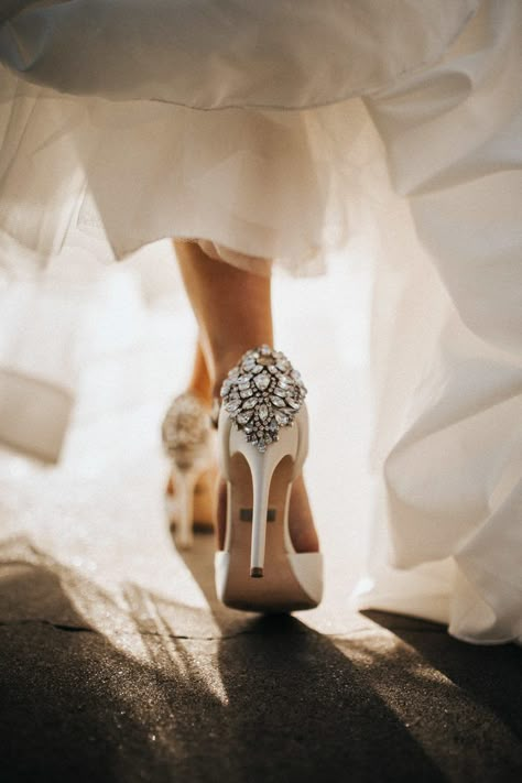 Bridal shoes with the perfect amount of bling | Image by Will Khoury Photography #weddingshoes #bridalshoes #bridalfashion #bridalstyle #bride #weddingheels #bridalinspiration #bridallook Wedding Shoe Pictures, Unique Bridal Poses, Wedding Shoes Photo, Wedding Photos Shoes, Wedding Shoes Photography Ideas, Wedding Shoes Bride Photography, Wedding Shoe Photography, Bridal Details Photography, Bride Shoe Photos