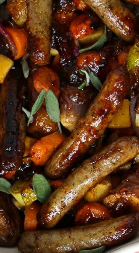 Sticky Sausages Recipes, Mary Berry Sausage Tray Bake, Dinner With Beef Sausage, Sticky Sausage Tray Bake, Sausages Recipe For Dinner, Easy Sausage Meals, One Tray Bake, Lamb Sausage Recipes Dinners, Pork Sausages Recipe