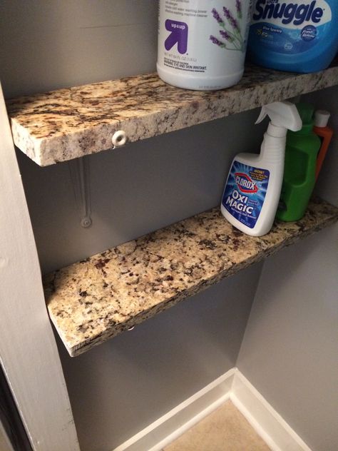 Granite shelves in my laundry room from leftover granite scraps Leftover Countertop Ideas, Leftover Quartz Ideas, Leftover Marble Ideas, Granite Leftover Ideas, Granite Pieces Ideas Diy, Reuse Granite Countertops, Granite Scraps Projects, Recycled Granite Projects, Granite Projects Scrap