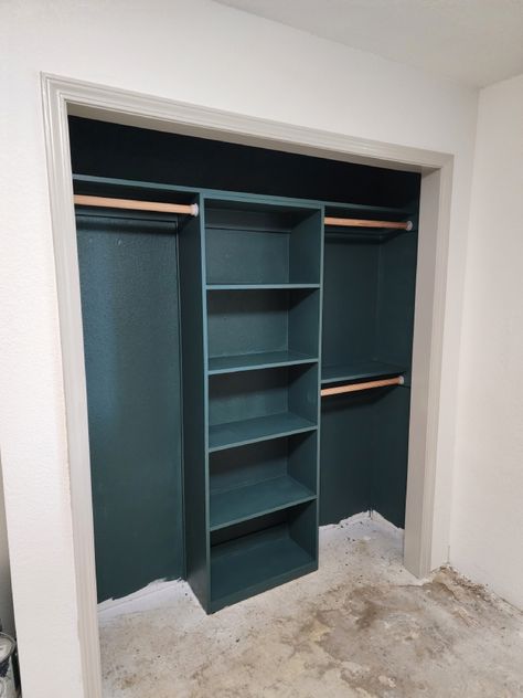 Painted Closets Inside, Bookshelves In Closet, Bookshelves Closet Ideas, Small Shared Closet, Small Apartment Closet Ideas, Teen Boy Closet, Closet Bookshelves, Small Apartment Closet, Teen Closet